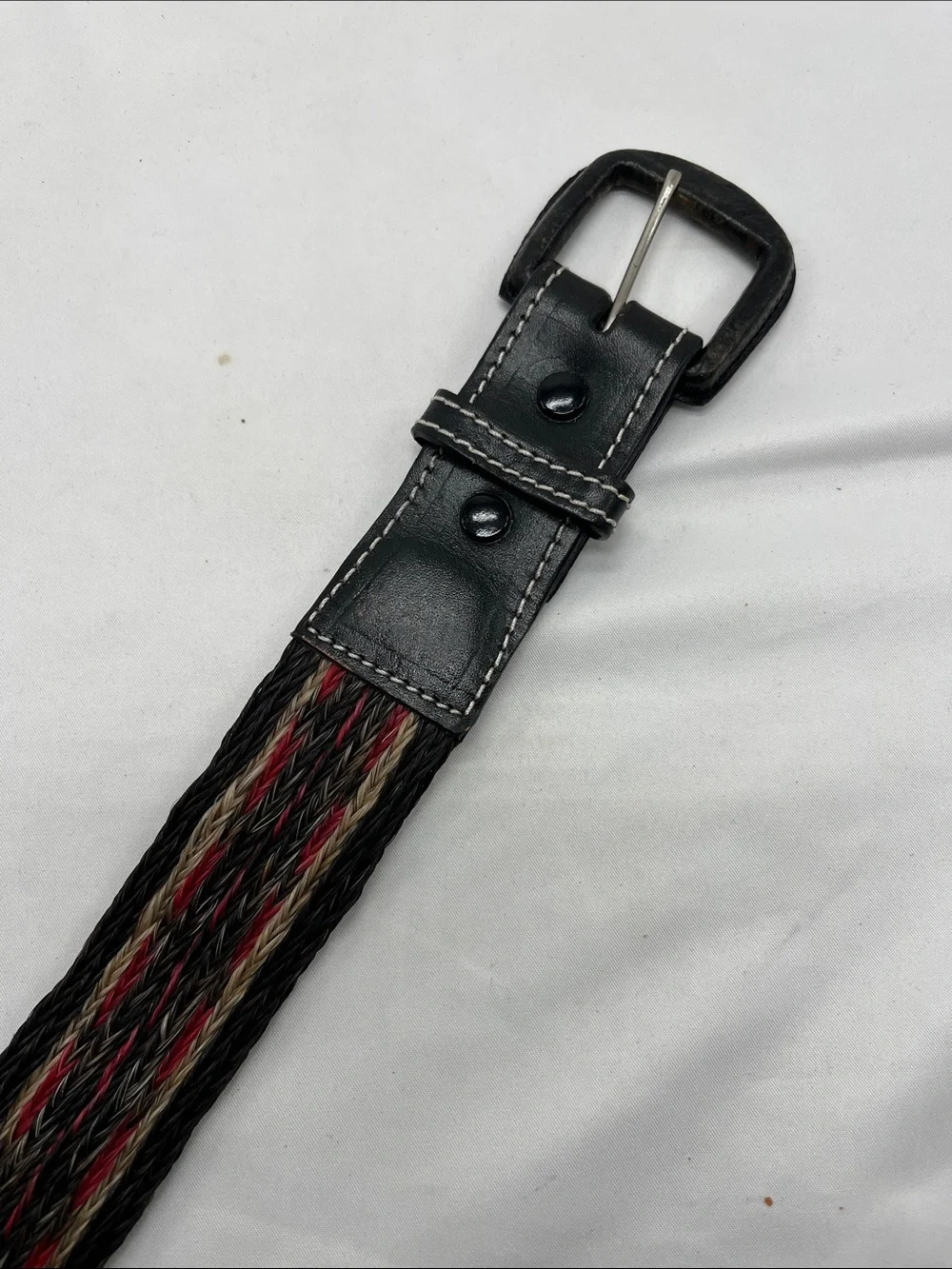 Black and Red Braided Straw Belt with Floral Details